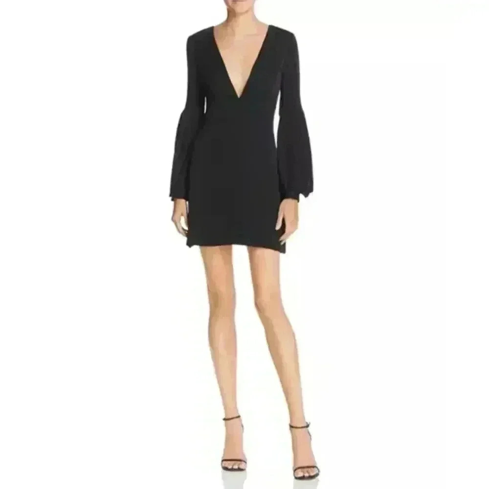 Milly Kayla Deep-V Sheath Dress Bow Back LBD‎ Balloon Sleeve Silk | Black | SZ 2